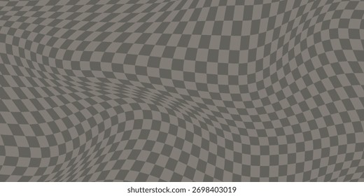 Trippy fondo de tablero de ajedrez. Fondo de pantalla de cuadros psicodélicos retro. Superficie de tablero de ajedrez ondulada. Patrón geométrico distorsionado. Fondo de Vector monocromático Abstractas