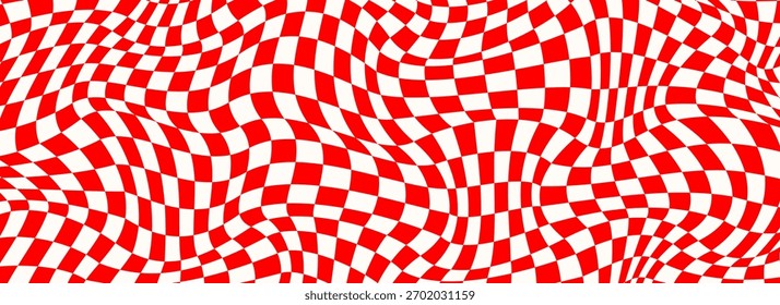 Trippy checkerboard background. Retro psychedelic checkered wallpaper. Wavy groovy chessboard surface. Distorted geometric grid chess pattern. Abstract red and white race flag backdrop. Vector