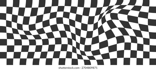 Trippiger Schachbretthintergrund. Retro psychedelisch karierte Tapete. Wellenförmige, groovende Schachbrettfläche. Verzerrtes geometrisches Muster. 
