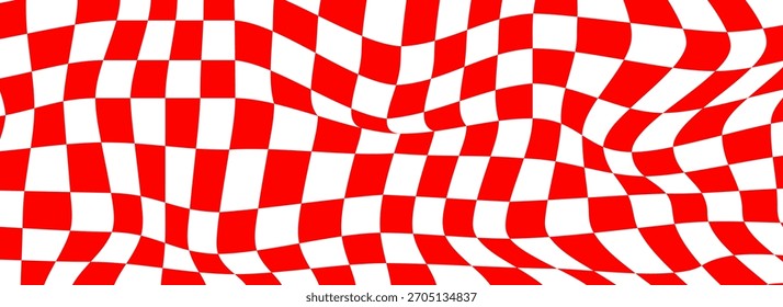 Trippiger Schachbretthintergrund. Retro psychedelisch karierte Tapete. Wellenförmige, groovende Schachbrettfläche. Verzerrtes geometrisches Schachgitter-Muster. Abstrakte rot-weiße Flagge Hintergrund. EPS10