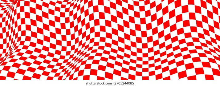 Trippiger Schachbretthintergrund. Retro psychedelisch karierte Tapete. Wellenförmige, groovende Schachbrettfläche. Verzerrtes geometrisches Schachgitter-Muster. Abstrakte rot-weiße Flagge Hintergrund. EPS10