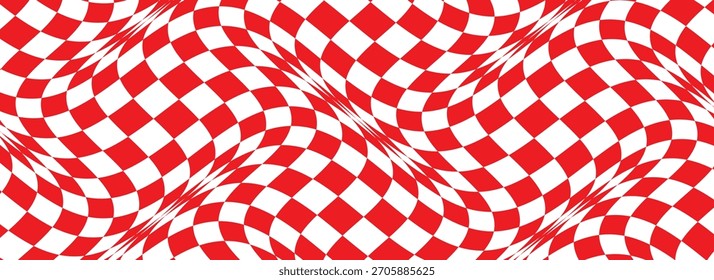 Trippiger Schachbretthintergrund. Retro psychedelisch karierte Tapete. Wellenförmige, groovende Schachbrettfläche. Verzerrtes geometrisches Schachgitter-Muster. Abstrakte rot-weiße Flagge Hintergrund. EPS10