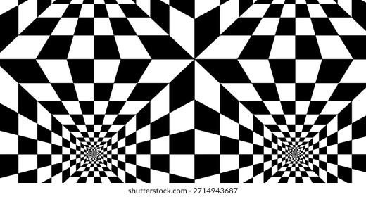 Trippiger Schachbretthintergrund. Retro psychedelisch karierte Tapete. Das geometrische Schachbrettmuster bildet eine optische Tunnelillusion. Moderner abstrakter schwarz-weißer Rennhintergrund.