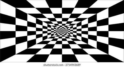 Trippy checkerboard background. Retro psychedelic checkered wallpaper. Geometric grid checkerboard pattern forms a tunnel optical illusion. Modern black and white abstract racing background.