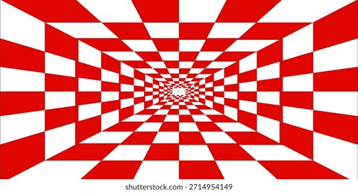Trippy checkerboard background. Retro psychedelic checkered wallpaper. Geometric grid checkerboard pattern forms a tunnel optical illusion. Modern red and white abstract racing background.