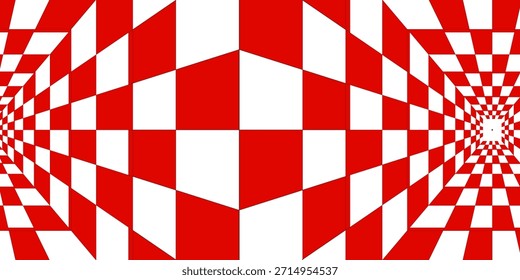 Trippy checkerboard background. Retro psychedelic checkered wallpaper. Distorted geometric grid chess pattern. Abstract red and white race flag backdrop. Eps10