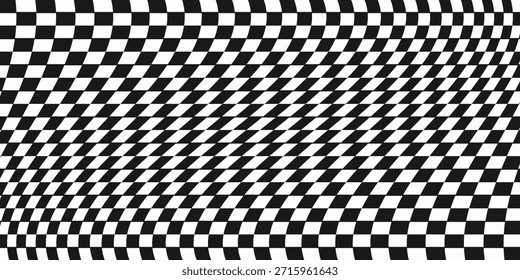 Trippy fondo de tablero de ajedrez. Fondo de pantalla de cuadros psicodélicos retro. Superficie de tablero de ajedrez ondulada. Patrón de ajedrez de cuadrícula geométrica distorsionada. Abstractas telón de fondo blanco y negro de la bandera de la raza. Vector