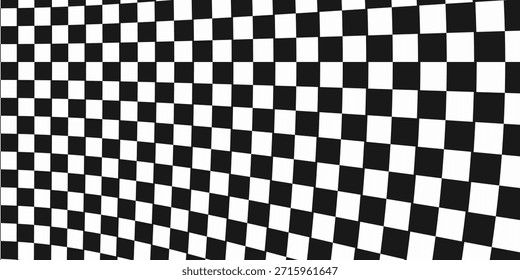 Trippy fondo de tablero de ajedrez. Fondo de pantalla de cuadros psicodélicos retro. Superficie de tablero de ajedrez ondulada. Patrón de ajedrez de cuadrícula geométrica distorsionada. Abstractas raza en blanco y negro. Vector