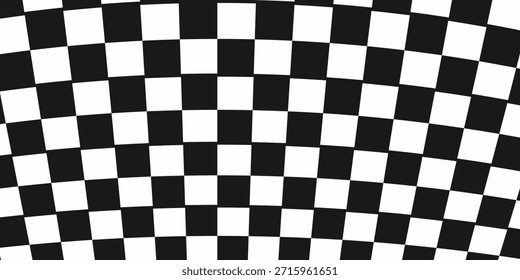 Trippy fondo de tablero de ajedrez. Fondo de pantalla de cuadros psicodélicos retro. Superficie de tablero de ajedrez ondulada. Patrón de ajedrez de cuadrícula geométrica distorsionada. Abstractas raza en blanco y negro. Vector