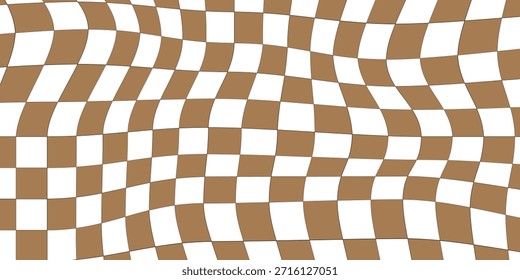 Trippy checkerboard background. Retro psychedelic checkered wallpaper. Wavy groovy chessboard surface. Distorted geometric grid chess pattern. Abstract brown and white race flag backdrop. Eps10