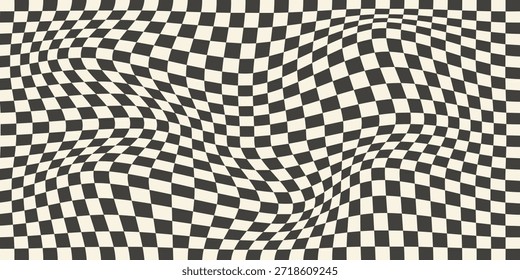 Trippy fondo de tablero de ajedrez. Fondo de pantalla de cuadros psicodélicos retro. Superficie de tablero de ajedrez ondulada. Patrón geométrico distorsionado. Fondo de Vector monocromático Abstractas