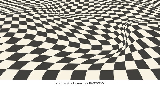 Trippy fondo de tablero de ajedrez. Fondo de pantalla de cuadros psicodélicos retro. Superficie de tablero de ajedrez ondulada. Patrón geométrico distorsionado. Fondo de Vector monocromático Abstractas