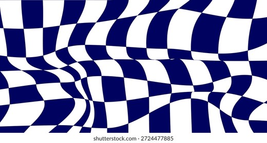 Trippy fondo de tablero de ajedrez. Fondo de pantalla de cuadros psicodélicos retro. Superficie de tablero de ajedrez ondulada. Patrón geométrico distorsionado. tablero de ajedrez azul y blanco	