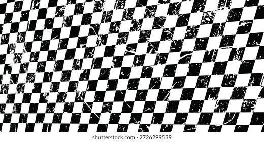 Trippiger Schachbretthintergrund. Retro psychedelisch karierte Tapete. Wellenförmige, groovende Schachbrettfläche. Verzerrtes geometrisches Schachgitter-Muster. Abstrakte schwarz-weiße Rennflagge Hintergrund. Vektorgrafik