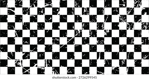 Trippiger Schachbretthintergrund. Retro psychedelisch karierte Tapete. Wellenförmige, groovende Schachbrettfläche. Verzerrtes geometrisches Schachgitter-Muster. Abstrakte schwarz-weiße Rennflagge Hintergrund. Vektorgrafik