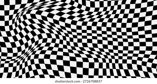Trippy checkerboard background. Retro psychedelic checkered wallpaper. Wavy groovy chessboard surface. Distorted geometric pattern. Abstract monochrome vector backdrop