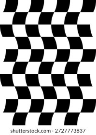 Trippiger Schachbretthintergrund. Retro psychedelisch karierte Tapete. Wellenförmige, groovende Schachbrettfläche. Verzerrtes geometrisches Muster. Abstrakter einfarbiger Vektorhintergrund