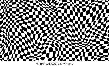 Trippy checkerboard background, wavy checker pattern, optical illusion. Vector seamless black and white swirl. Abstract distorted psychedelic texture, geometric ornament, monochrome chessboard print