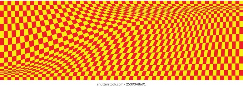 
Trippy checkerboard background, wavy checker pattern, optical illusion. Vector seamless black and white swirl. Abstract distorted psychedelic texture, geometric ornament, monochrome chessboard print.