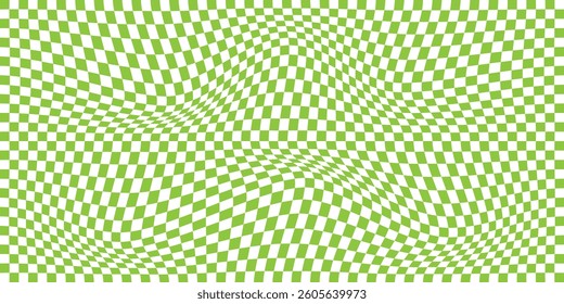 Trippy checkerboard background, wavy checker pattern, optical illusion. Vector seamless Green and white swirl. Abstract distorted psychedelic texture, geometric ornament, monochrome chessboard print.