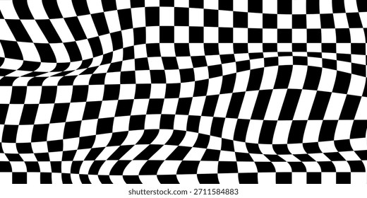 Fondo de tablero de ajedrez de Trippy, patrón de damas ondulado, ilusión óptica. Remolino blanco y negro sin costuras de Vector. Textura psicodélica distorsionada Abstractas, adorno geométrico, impresión de tablero de ajedrez monocromo.