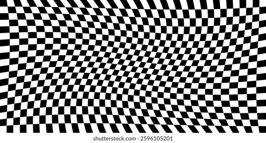Trippy checkerboard background. Wavy groovy chessboard surface. Distorted geometric pattern. Seamless pattern. Black and white checkers.