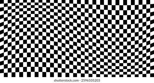 Trippy checkerboard background. Wavy groovy chessboard surface. Distorted geometric pattern. Seamless pattern. Black and white checkers.