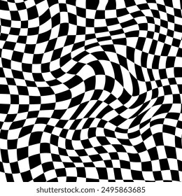 Trippy checkerboard, wavy optical illusion checker seamless pattern background. Vector monochrome mesmerizing swirl. Undulating, abstract distorted psychedelic texture that play tricks on perception