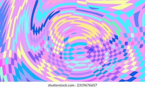 Trippy checkered holographic pattern. Psychedelic background. Groovy pastel color wavy abstract wallpaper. Curvy liquid texture print. Vector illustration.