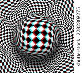 Trippy checkered sphere on same patterned distorted background in red cyan anaglyph style. Psychedelic vector optical art illustration.