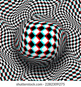 Trippy checkered sphere on same patterned distorted background in red cyan anaglyph style. Psychedelic vector optical art illustration.