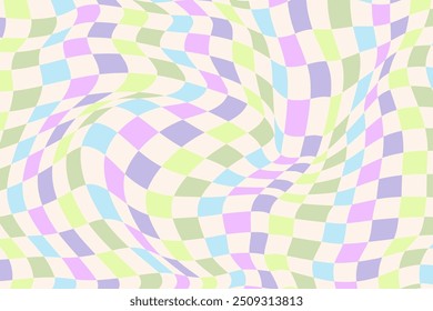 Trippy chessboard with soft pastel colors, visual illusion, abstract design with 70s style vibe