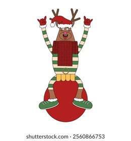 Trippy christmas Reindeer on christmas ball isolated white background. Cute funny vector xmas postcard brochure template design. Vector illustration can used t-shirt print clothes decor. EPS 10