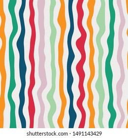 Trippy colorful wavy free-spirited psychedelic stripes seamless repeat vector pattern swatch.  Modern 1970s inspired ripply vertical wave stripe.