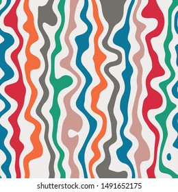 Trippy colorful wavy free-spirited psychedelic stripes seamless repeat vector pattern swatch.  Modern 1970s inspired ripply vertical wave stripe.