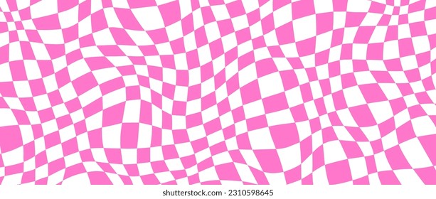 Trippy distorted checkerboard background. Pink and white retro psychedelic checkered wallpaper. Wavy groovy chessboard surface. Twisted geometric pattern. Abstract vector backdrop