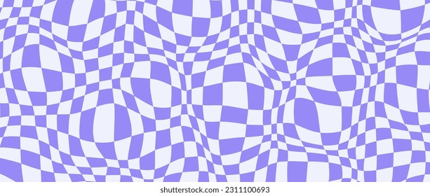 Trippy distorted checkerboard background. Purple psychedelic checkered wallpaper. Wavy groovy chessboard surface. Twisted geometric pattern. Abstract retro vector backdrop