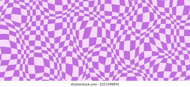 Fondo del tablero de ajedrez distorsionado por trippy. Papel de pared púrpura violeta psicodélico a cuadros. Superficie ondulante de tablero de ajedrez. Patrón geométrico torcido. Resumen del fondo del vector retro