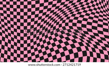 Trippy distorted checkerboard emo design background in pink and black. Retro 70s psychedelic checkered,wavy groovy chessboard surface, twisted geometric grid, abstract optical illusion vector pattern