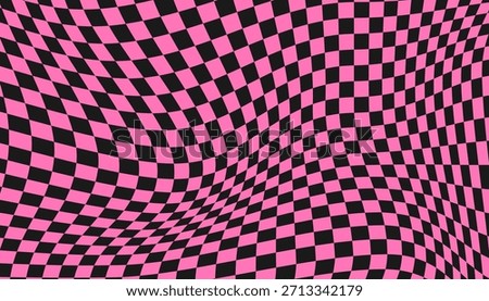 Trippy distorted checkerboard emo design background in pink and black. Retro 70s psychedelic checkered,wavy groovy chessboard surface, twisted geometric grid, abstract optical illusion vector pattern