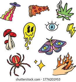 Trippy Doodles including Pizza, Butterfly, Lightning, Spider, Flame-hand, Mushrooms, Cannabis, Eye, Sparkle, and Spaceship