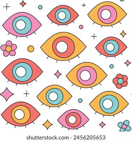 Trippy eye seamless pattern. Groovy abstract retro background. Bright illustrations.