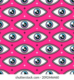 Trippy Eye Seamless Pattern. Vector Hand Drawn Doodle Style Cartoon Background Illustration. Trippy Psychedelic Eye Seamless Pattern Wallpaper Print Concept