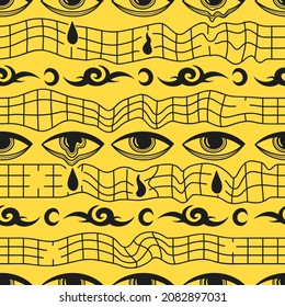 Trippy eye,deformed techno grid,tribal seamless pattern.Vector hand drawn cartoon illustration. Melting, techno, acid, trippy,eye, tribal,psychedelic fashion seamless pattern wallpaper print concept