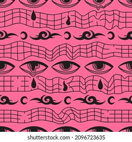 Trippy eye,deformed techno grid,tribal seamless pattern.Vector hand drawn cartoon illustration. Melting, techno, acid, trippy,eye, tribal,psychedelic fashion seamless pattern wallpaper print concept