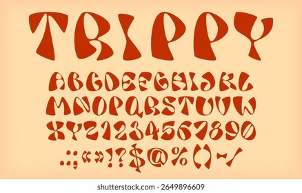 Trippy font letters, vintage groovy type, retro psychedelic typeface, 60s 70s abc alphabet. Vector hippy funky type english abc characters typography set. Retro trippy alphabet font of chunky letters