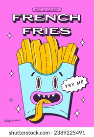Trippy frensh fries. Trendy psychedelic poster with funny fast food character. Menu, invitation, stories template. Vector illustration.