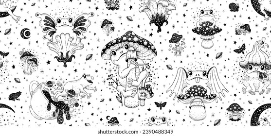 Trippy frog pattern. Psychedelic doodle frog toad background. 60s cartoon seamless pattern. Cute child character. Abstract crazy cute frogs on mushroom, flower, moon, wing. Vintage celestial drawing