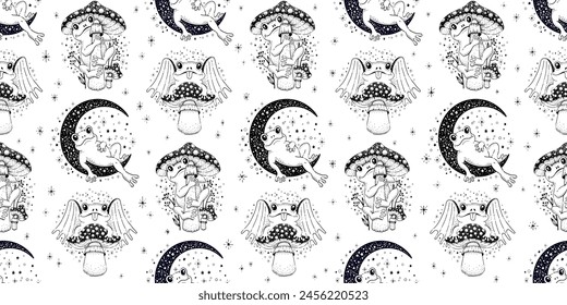 Trippy frog pattern. Psychedelic doodle frog toad background. Cartoon seamless pattern. Cute child Halloween character. Abstract crazy cute frogs on mushroom, moon, with wing. Vintage celestial drawin