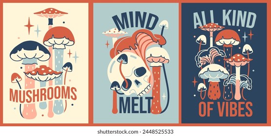 Trippy fun posters. t shirt prints. Psychedelic Graphic Tee. Vintage style t-shirt prints with shrooms and skull.